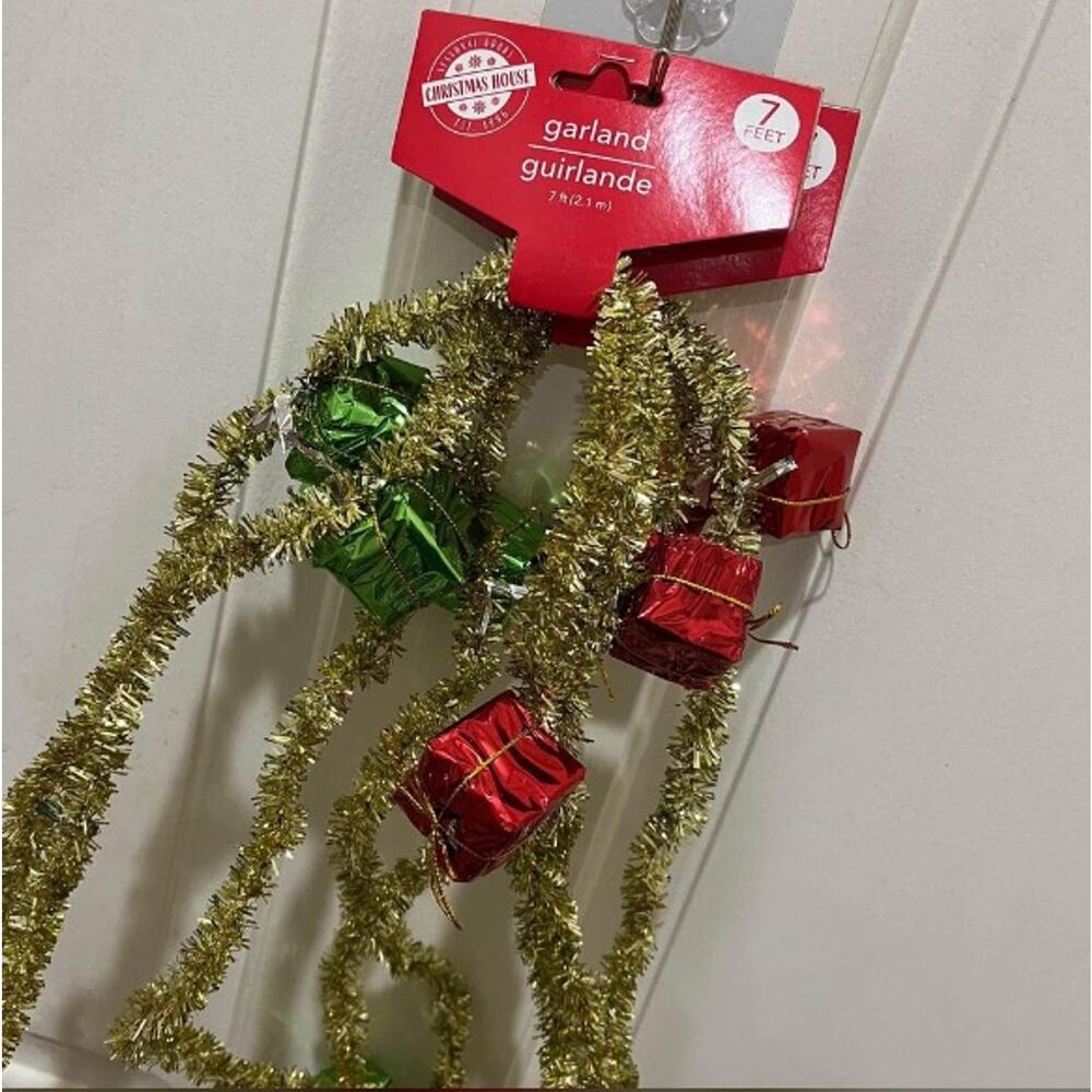 Christmas House Gold Tinsel Garland w/ Wrapped Gift Boxes Set of 2 (14 ft total)